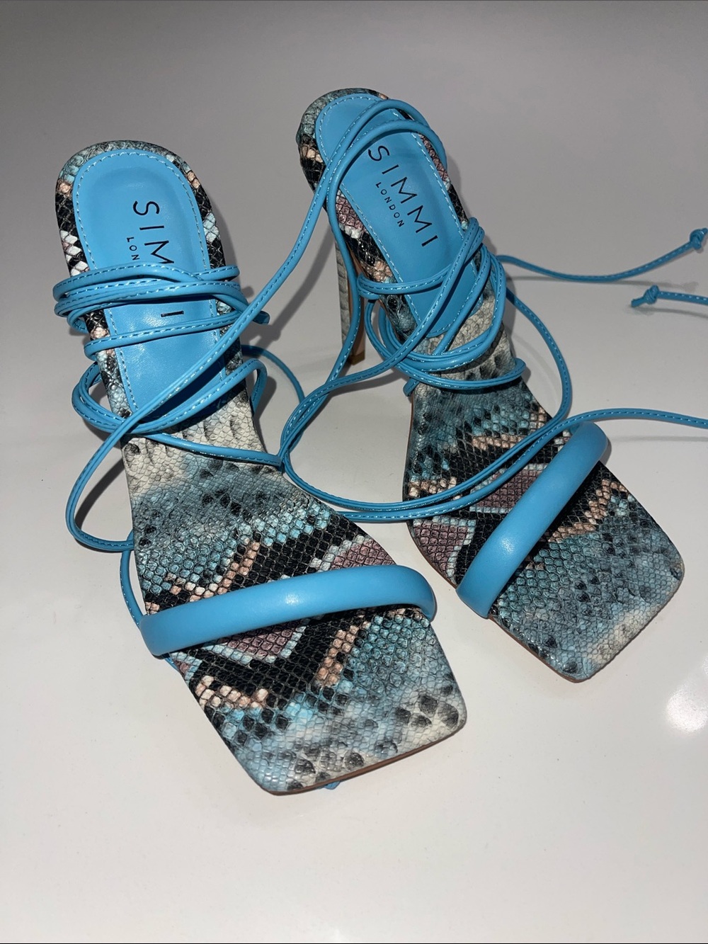 SIMMI London Blue Snake-Print Lace-Up Stiletto Heels
